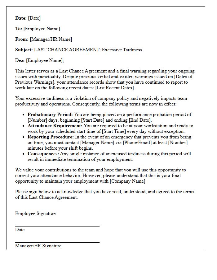 Excessive Tardiness Last Chance Agreement Letter