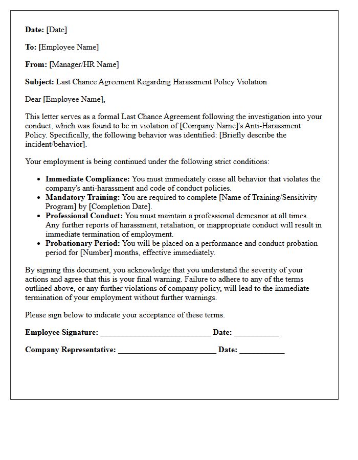 Harassment Policy Violation Last Chance Agreement Letter
