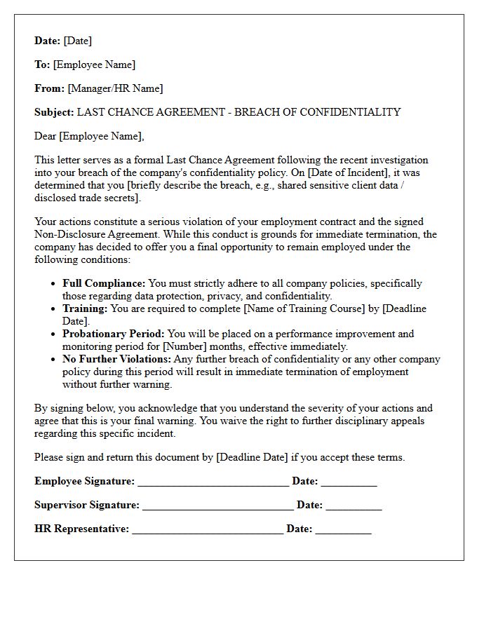 Breach of Confidentiality Last Chance Agreement Letter