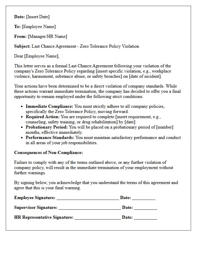 Zero Tolerance Policy Last Chance Agreement Letter
