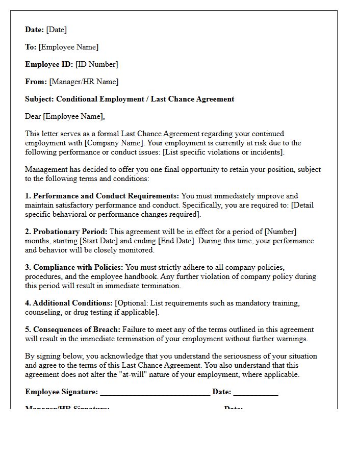 Conditional Employment Last Chance Agreement Letter