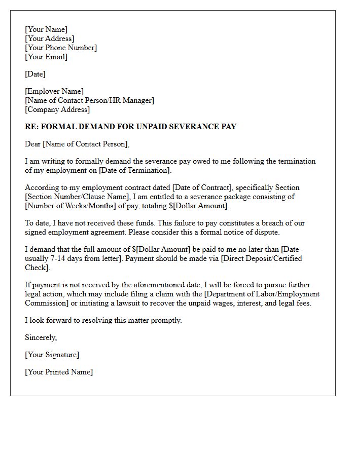 Breach Of Employment Contract Demand Letter For Unpaid Severance
