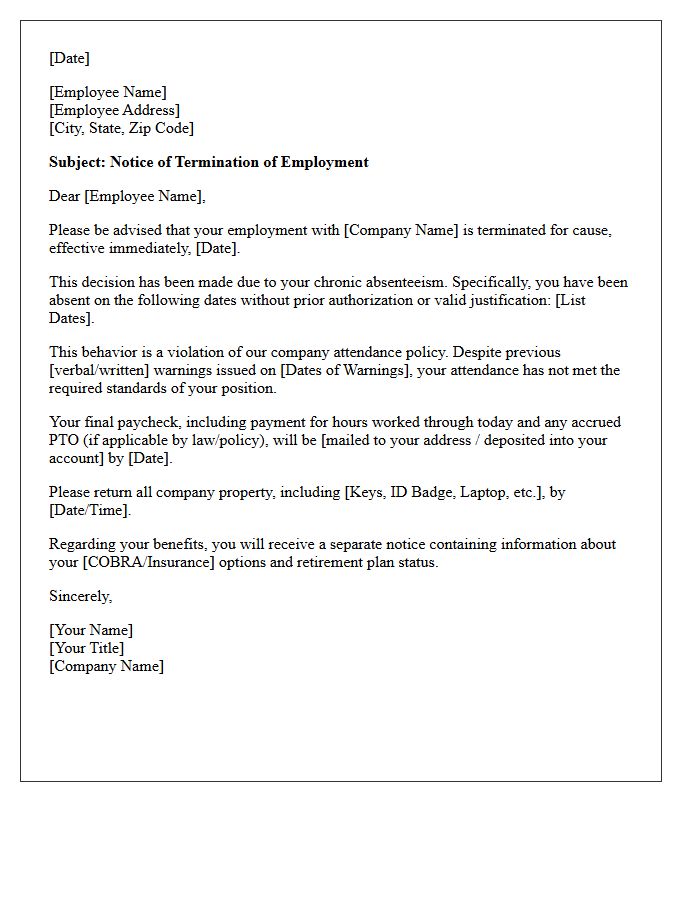 Termination Letter for Cause Due to Chronic Absenteeism