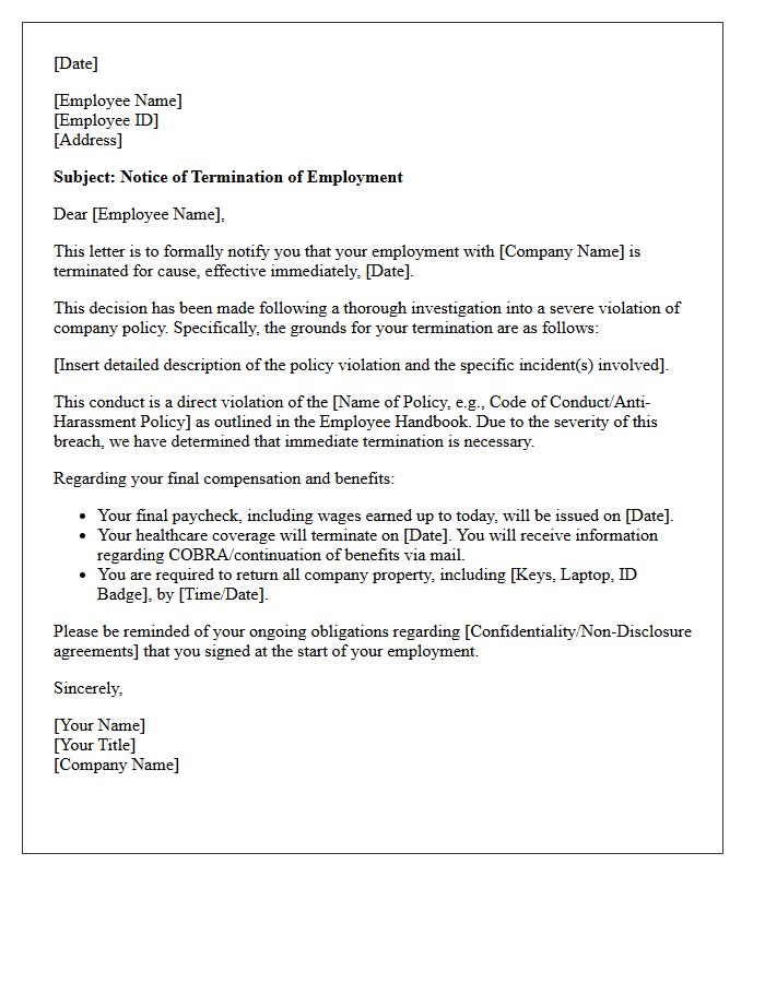 Termination Letter for Cause Due to Severe Policy Violation