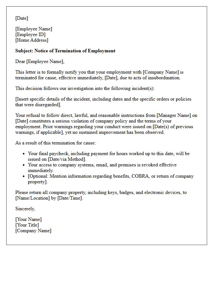 Termination Letter for Cause Due to Insubordination