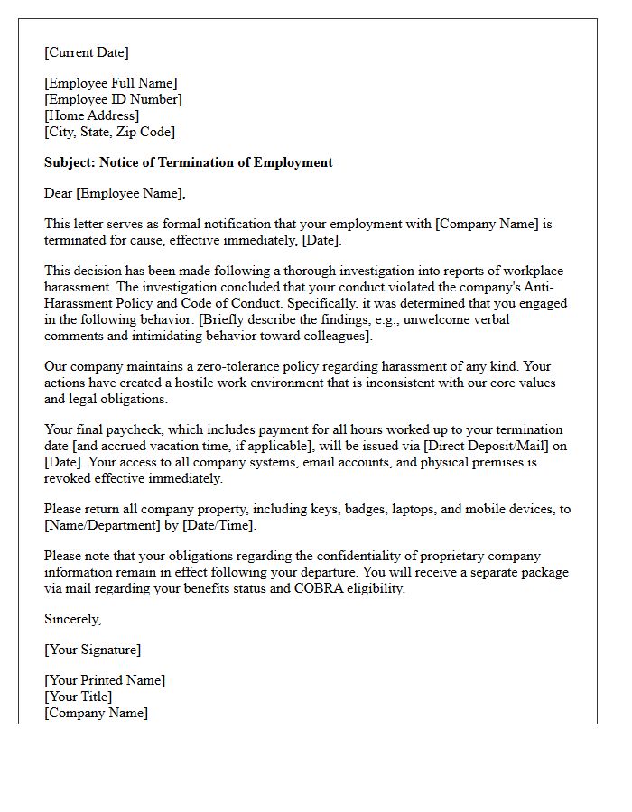 Termination Letter for Cause Due to Workplace Harassment
