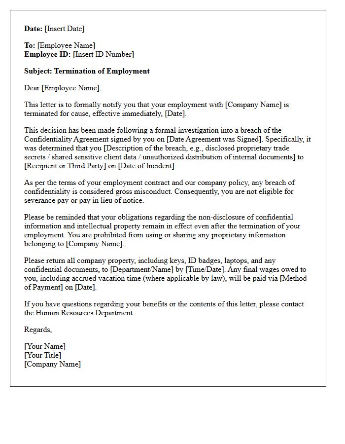 Termination Letter for Cause Due to Breach of Confidentiality