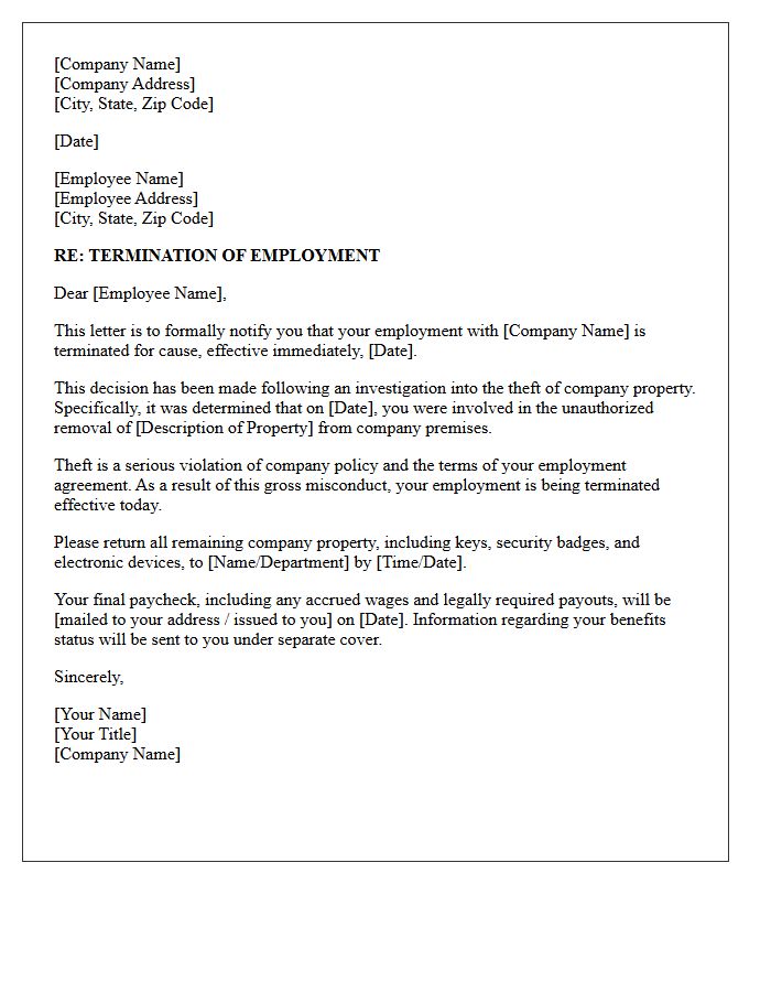 Termination Letter for Cause Due to Theft of Company Property