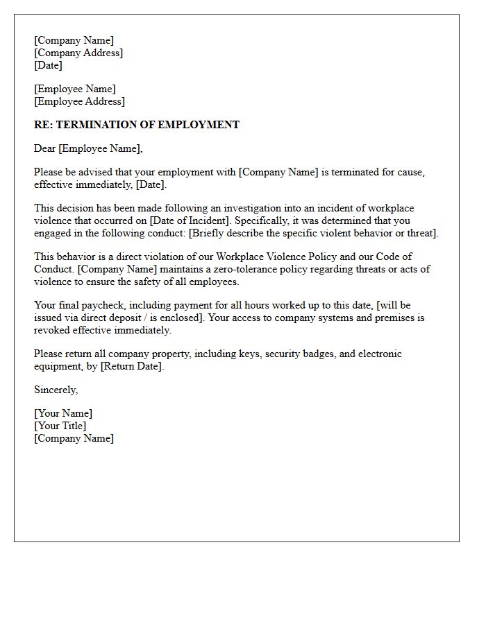 Termination Letter for Cause Due to Workplace Violence