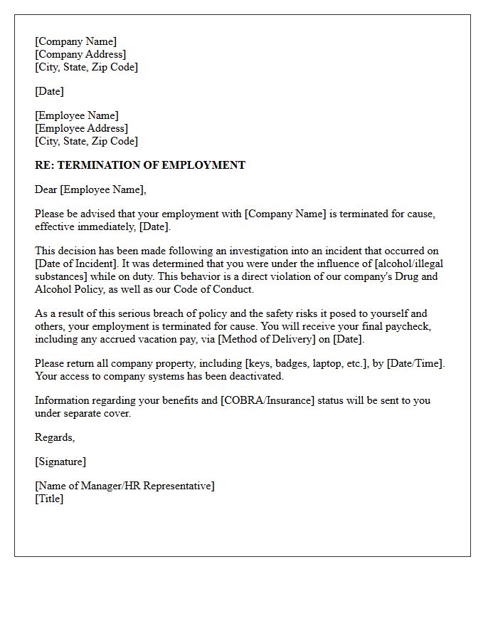 Termination Letter for Cause Due to Substance Abuse on Duty