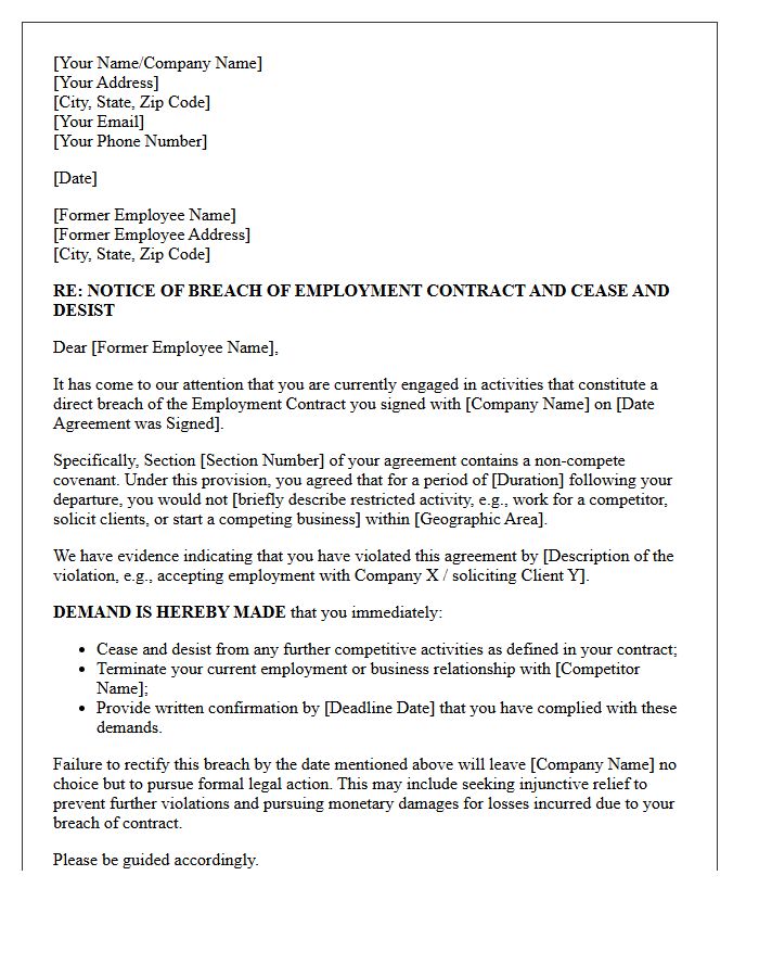 Breach Of Employment Contract Demand Letter For Non-Compete Violation