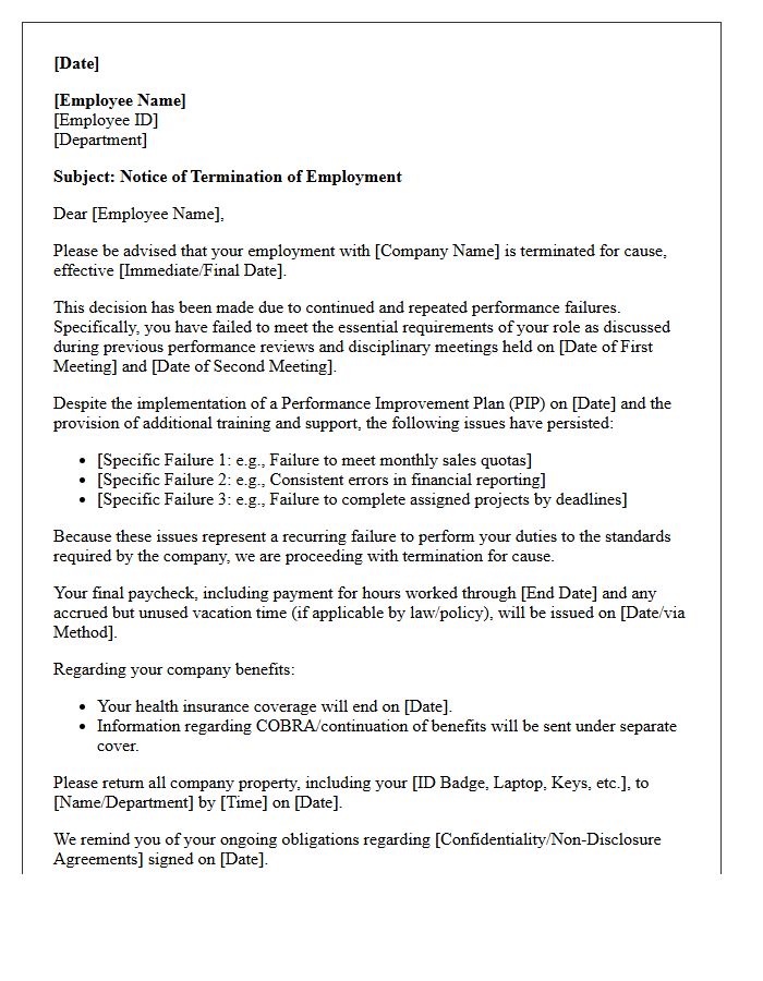 Termination Letter for Cause Due to Repeated Performance Failures