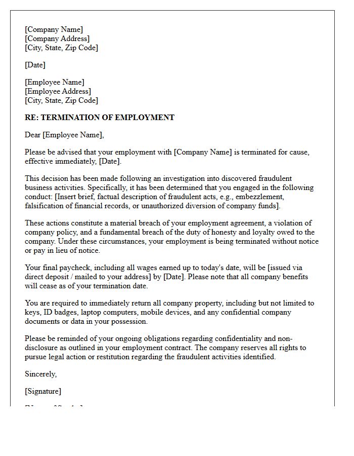 Termination Letter for Cause Due to Fraudulent Business Activities