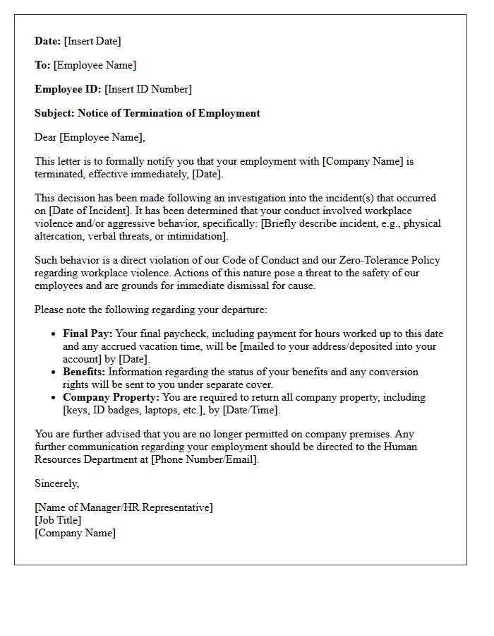 Termination Letter for Workplace Violence and Aggression