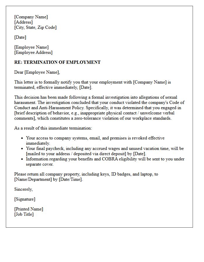 Termination Letter for Sexual Harassment in the Workplace