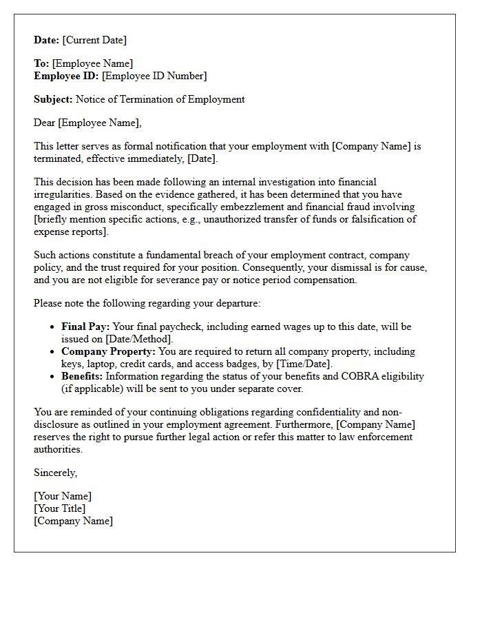 Termination Letter for Embezzlement and Financial Fraud