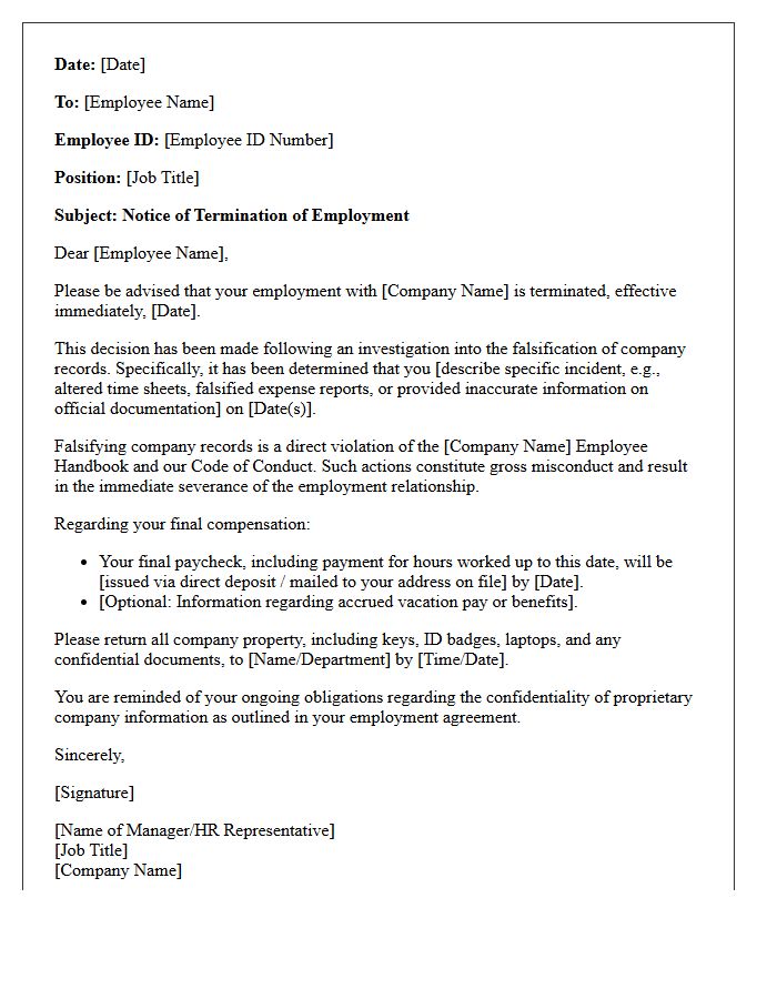 Termination Letter for Falsification of Company Records