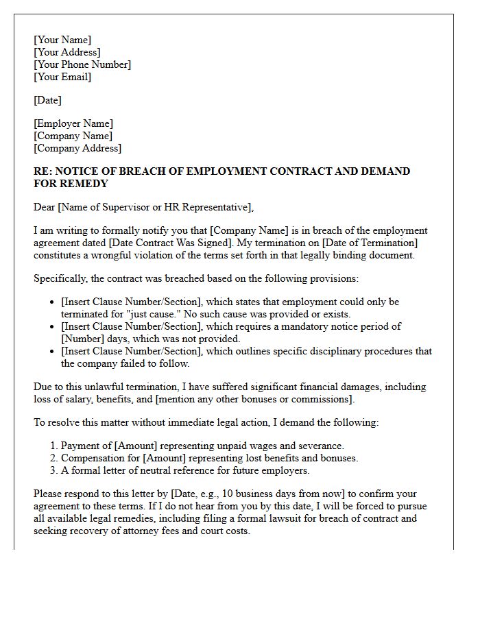 Breach Of Employment Contract Demand Letter For Wrongful Termination
