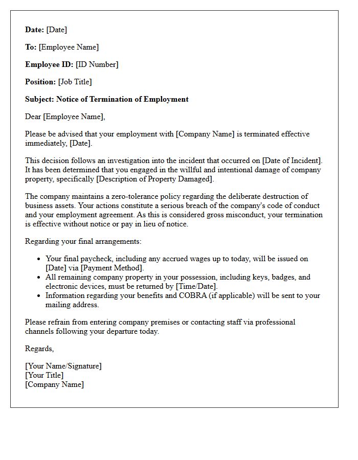 Termination Letter for Willful Damage to Company Property
