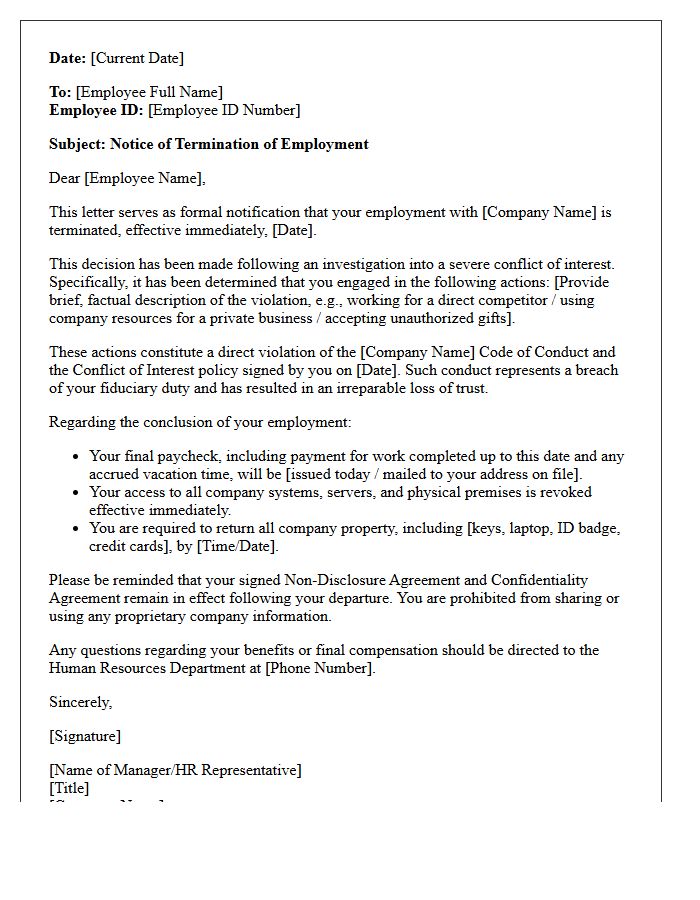 Termination Letter for Severe Conflict of Interest