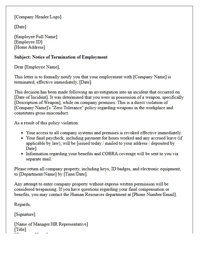 Termination Letter for Unauthorized Possession of Weapons
