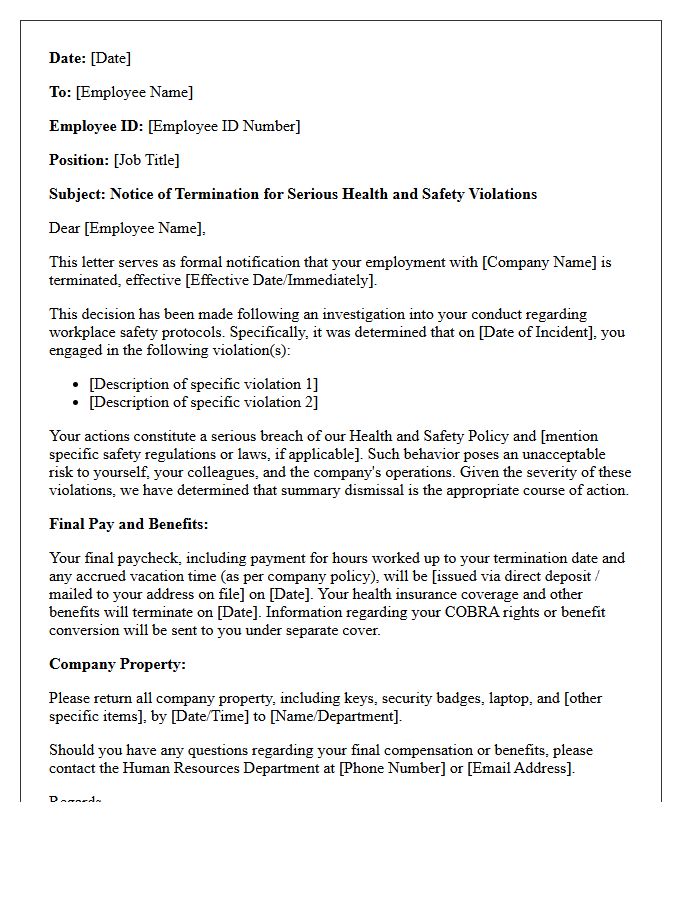 Termination Letter for Serious Health and Safety Violations