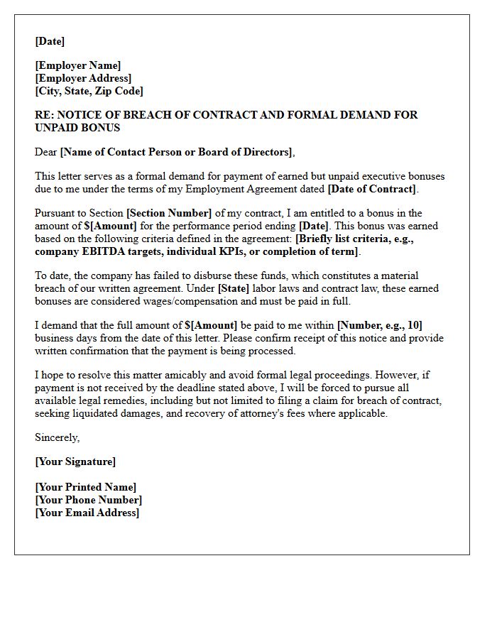 Breach Of Employment Contract Demand Letter For Unpaid Executive Bonuses