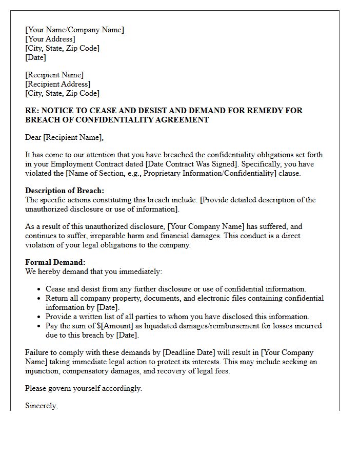 Breach Of Employment Contract Demand Letter For Confidentiality Agreement Breach