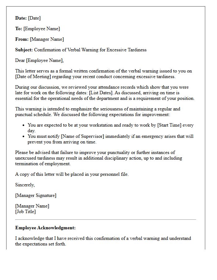 Confirmation of Verbal Warning Letter for Excessive Tardiness