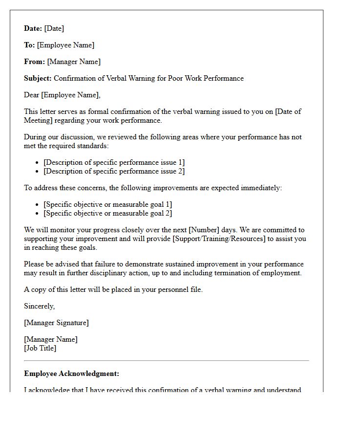 Confirmation of Verbal Warning Letter for Poor Work Performance