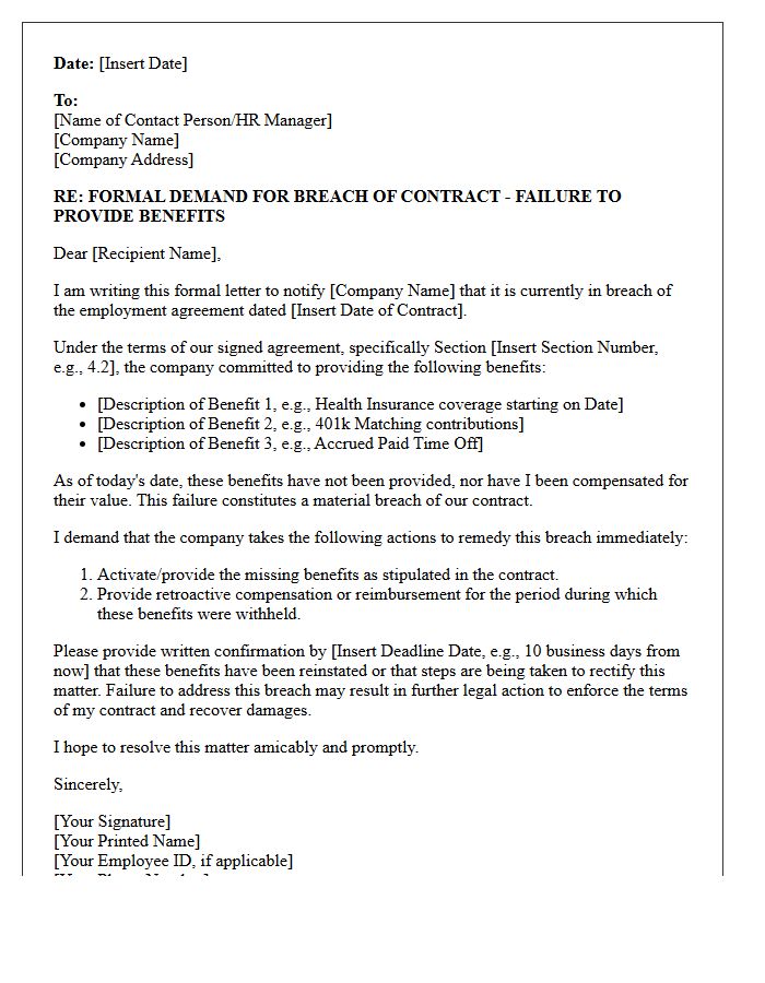 Breach Of Employment Contract Demand Letter For Failure To Provide Benefits