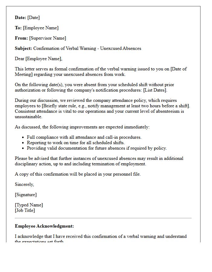 Confirmation of Verbal Warning Letter for Unexcused Absences