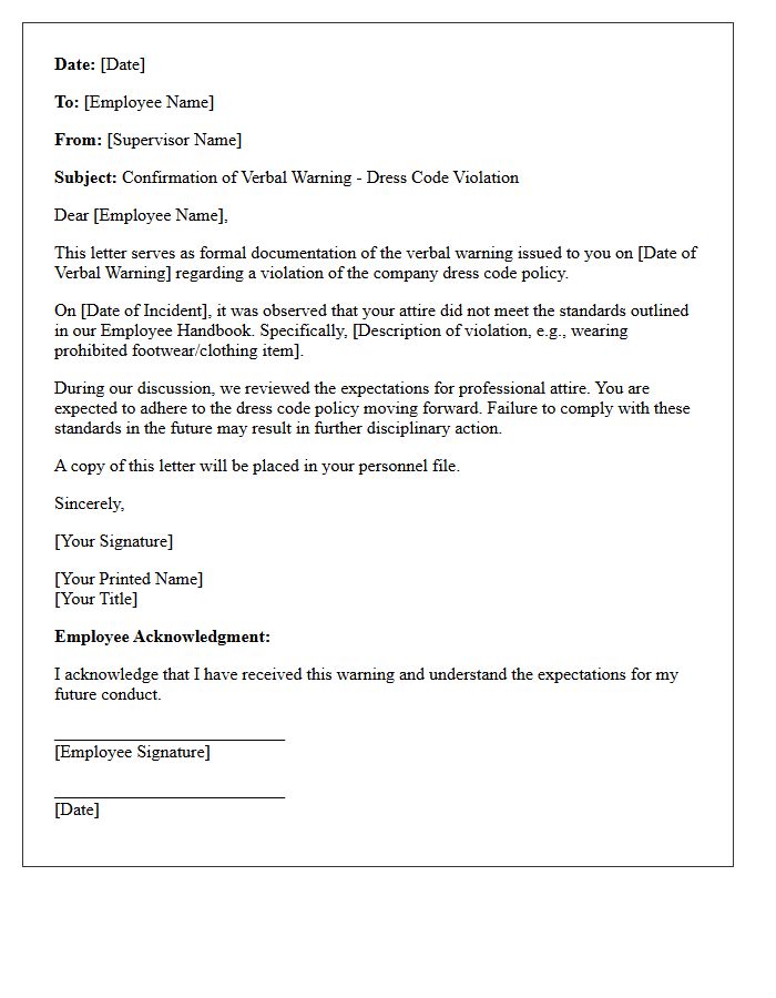 Confirmation of Verbal Warning Letter for Dress Code Violation
