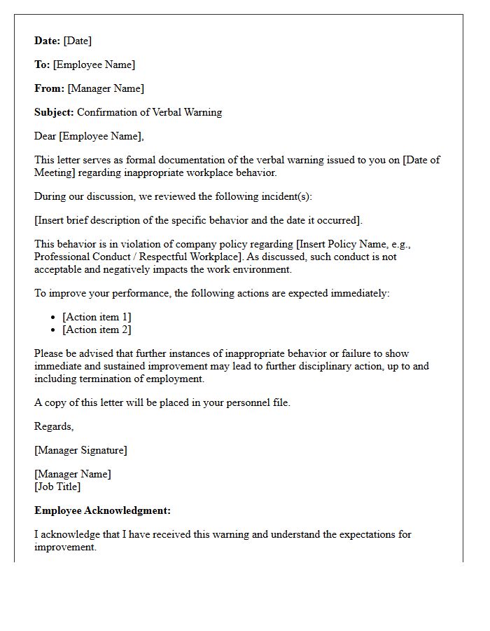 Confirmation of Verbal Warning Letter for Inappropriate Workplace Behavior