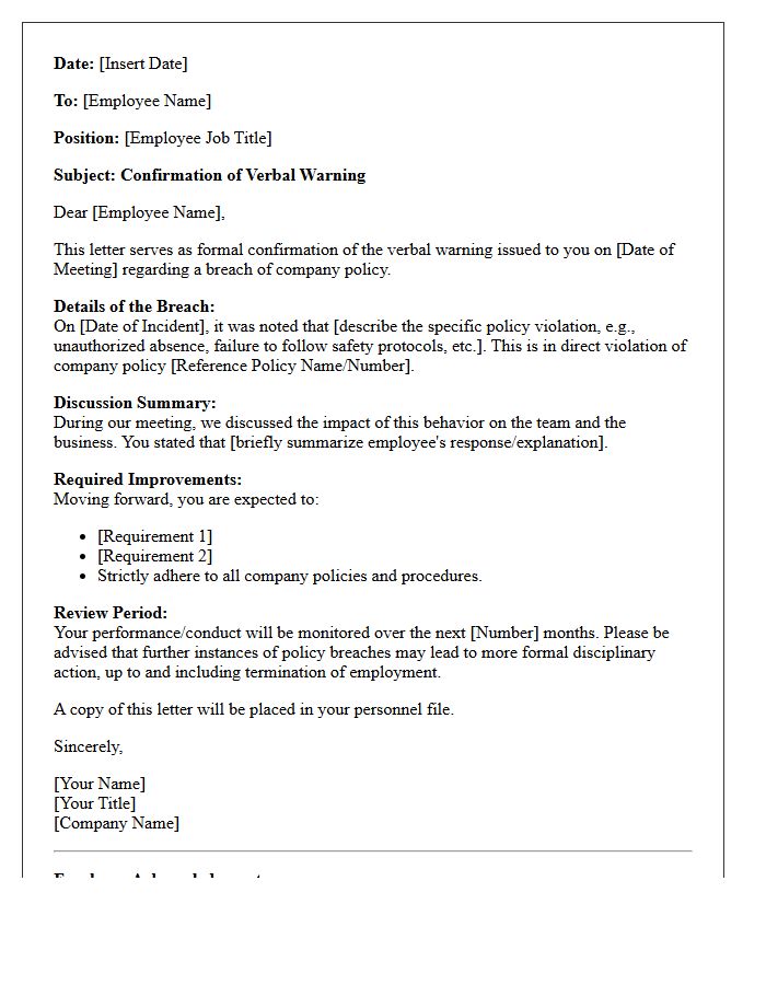 Confirmation of Verbal Warning Letter for Breach of Company Policy
