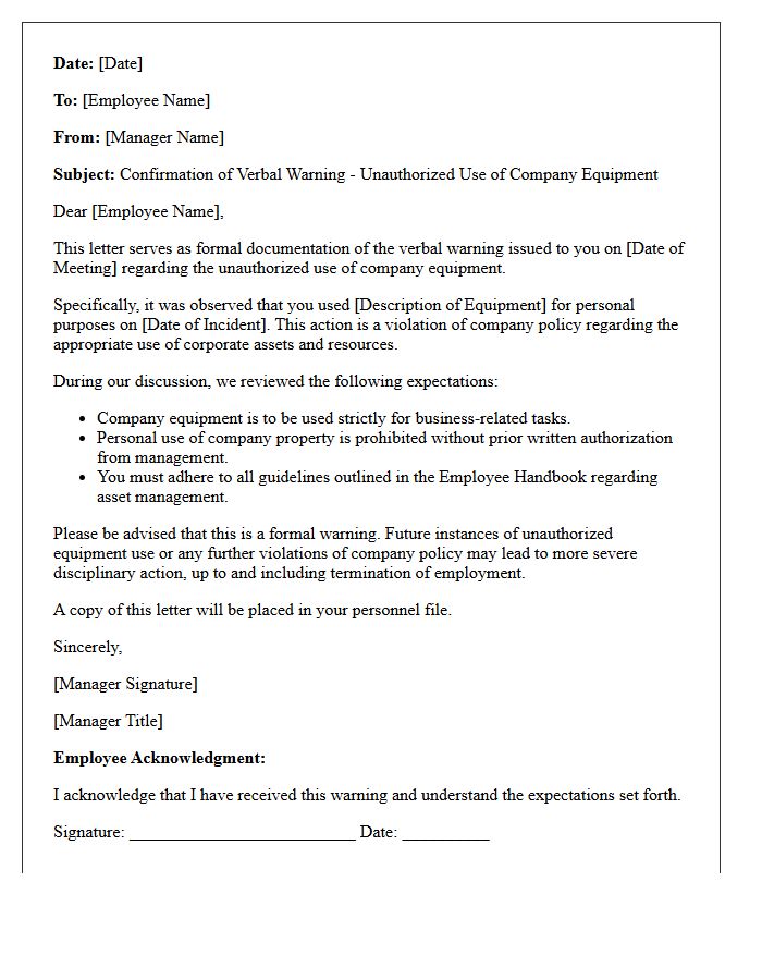 Confirmation of Verbal Warning Letter for Unauthorized Use of Company Equipment