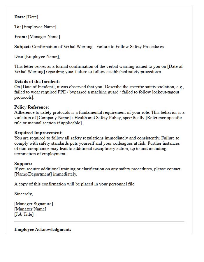 Confirmation of Verbal Warning Letter for Failure to Follow Safety Procedures