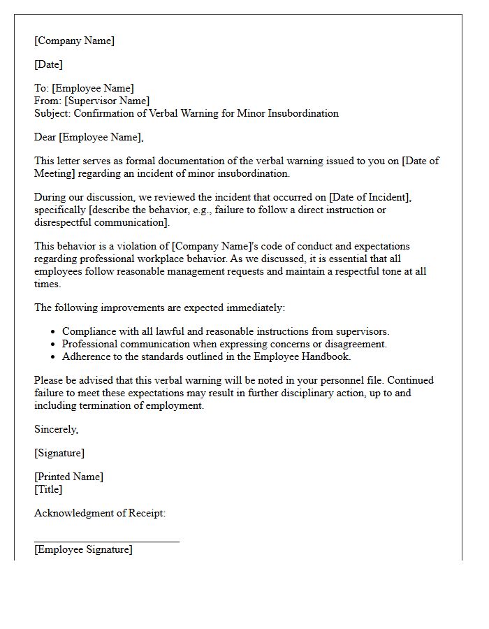 Confirmation of Verbal Warning Letter for Minor Insubordination
