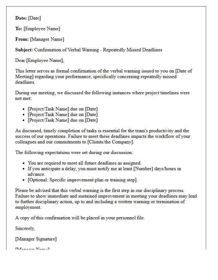 Confirmation of Verbal Warning Letter for Repeatedly Missed Deadlines
