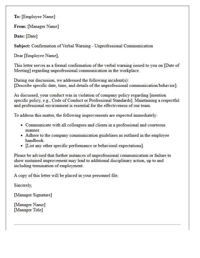 Confirmation of Verbal Warning Letter for Unprofessional Communication