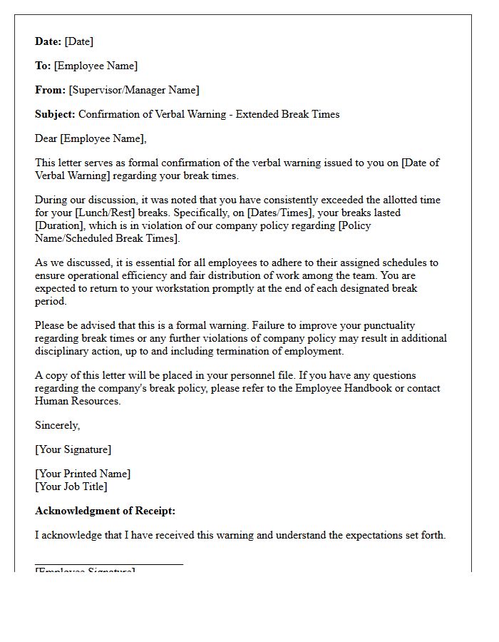 Confirmation of Verbal Warning Letter for Extended Break Times