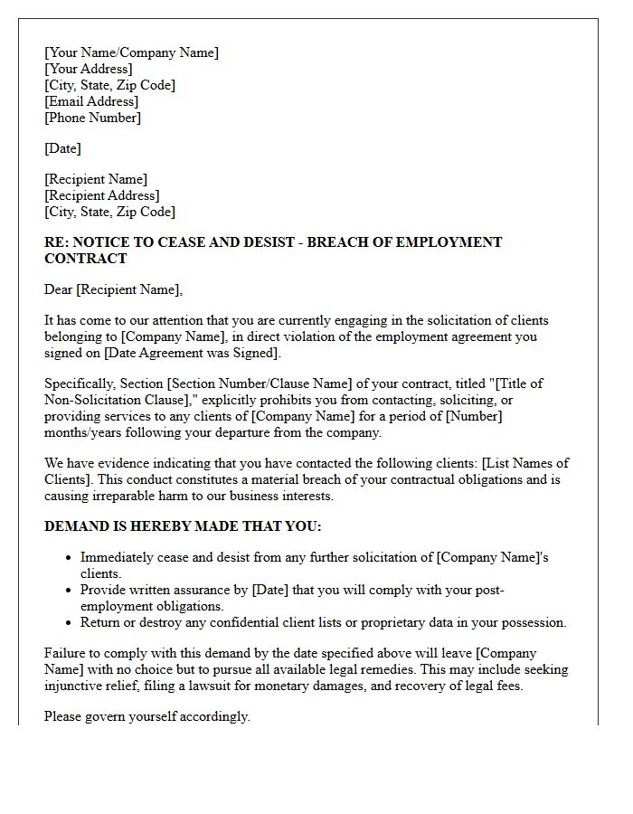 Breach Of Employment Contract Demand Letter For Unauthorized Client Solicitation
