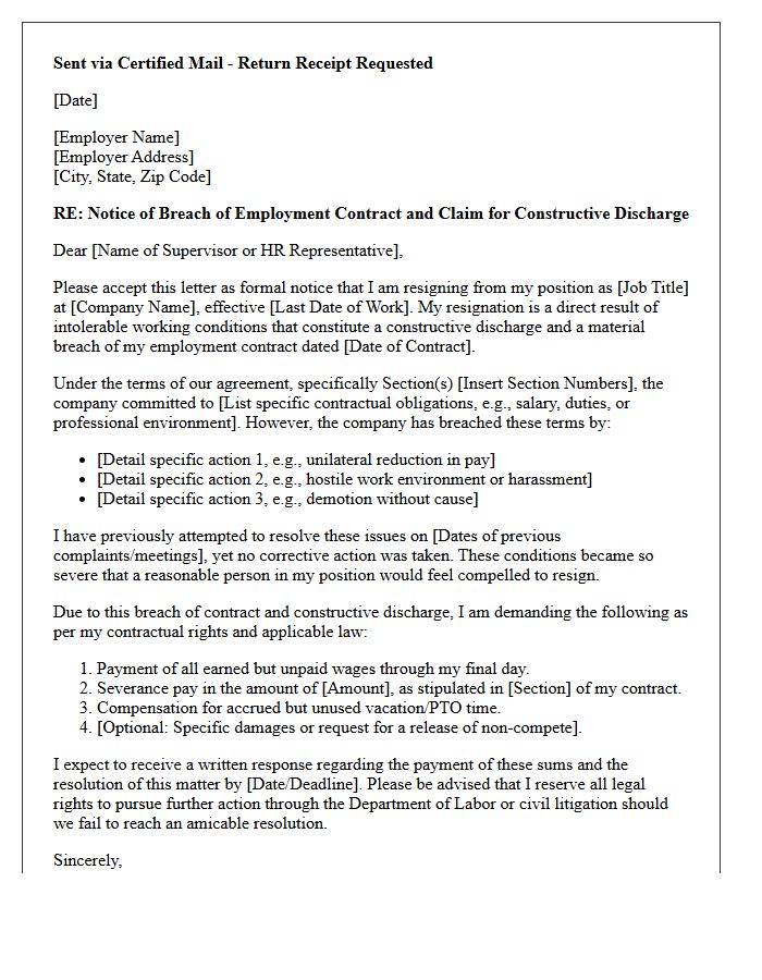 Breach Of Employment Contract Demand Letter For Constructive Discharge Claims