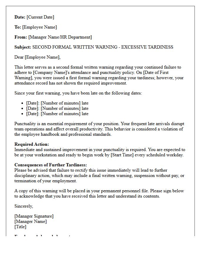 Second Formal Written Warning Letter for Excessive Tardiness