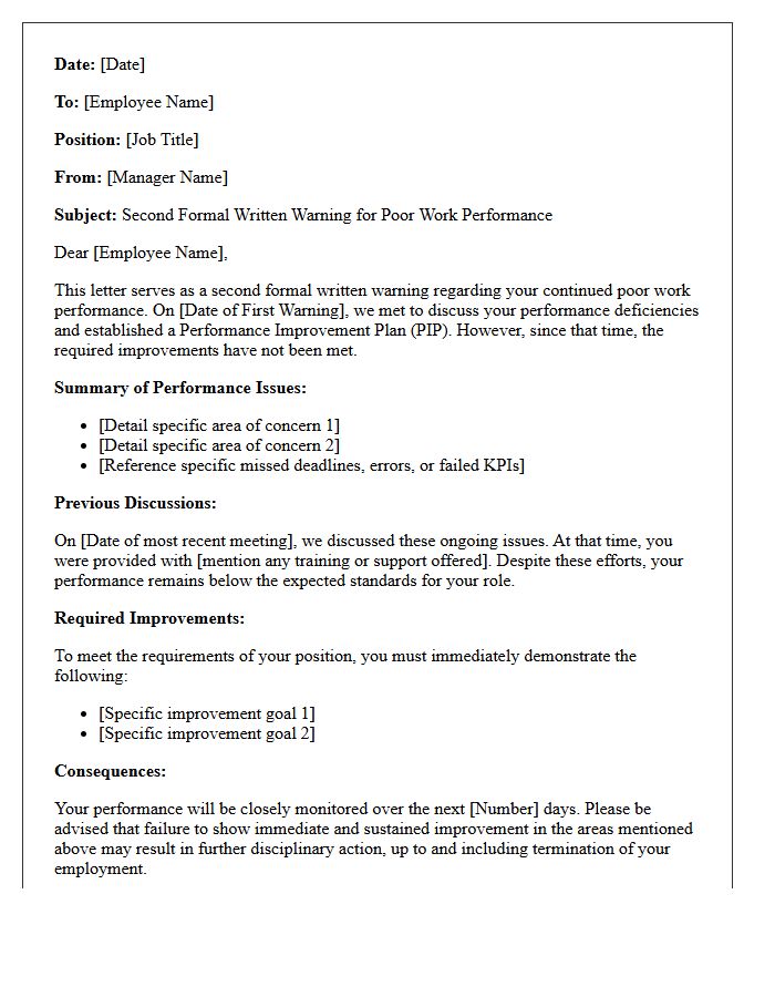 Second Formal Written Warning Letter for Poor Work Performance