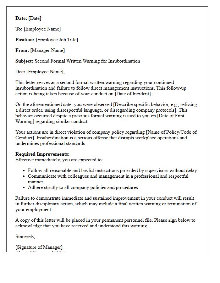 Second Formal Written Warning Letter for Insubordination