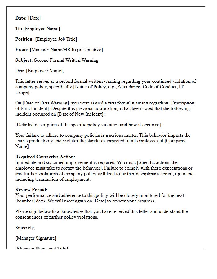 Second Formal Written Warning Letter for Company Policy Violation