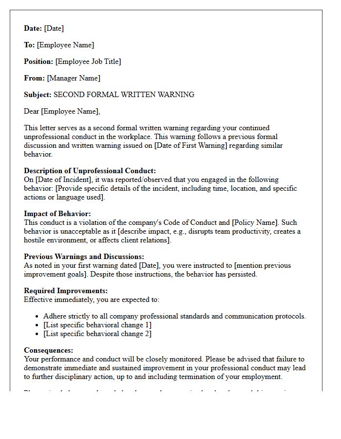 Second Formal Written Warning Letter for Unprofessional Conduct
