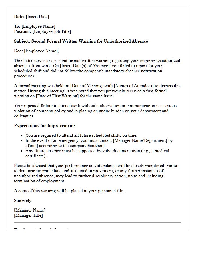 Second Formal Written Warning Letter for Unauthorized Absence