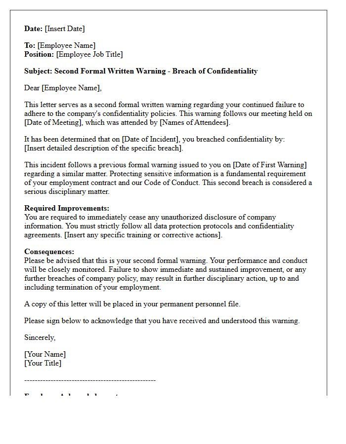 Second Formal Written Warning Letter for Breach of Confidentiality